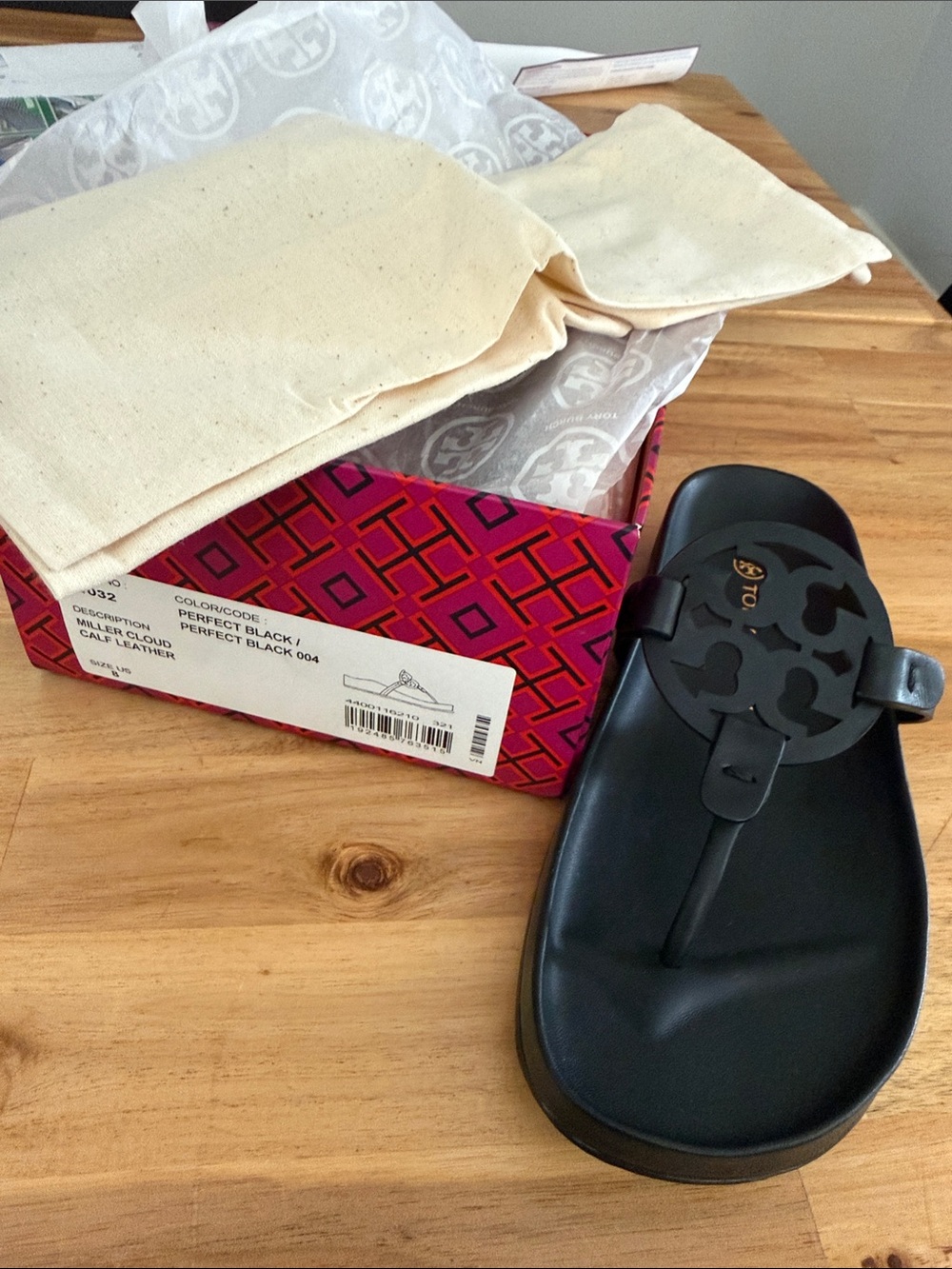 Tory Burch Black Leather Logo Platform Thong Sandal